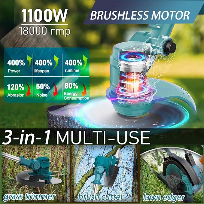 36V Electric Weed Wacker Cordless String Trimmer Battery Powered/w 2X 6.0Ah Battery and 2.0Amp Charger, Height Adjustable Wheeled，3-in-1 Grass Trimmer/Brush Cutter/Hedge Trimmer/Weed Eater