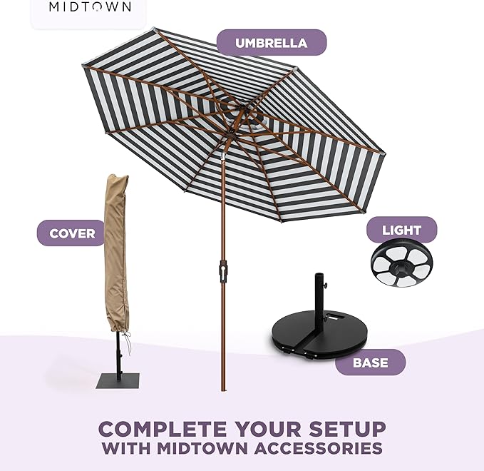 Midtown Umbrellas Wooden 2-8 Ft Patio Umbrella with 360° Swivel & Tilt Mechanism, 8 Fiberglass Ribs & Terylast Polyester Fabric for Deck, Pool, Garden & Porch - Zebra Canopy, Wooden Pole