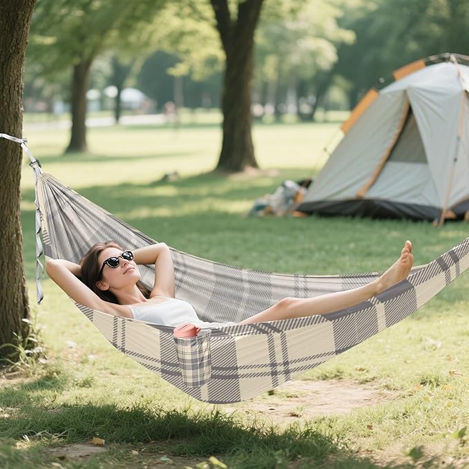 Brown Plaid 330lb Capacity Outdoor Hammock Cloth Hammock for Outside Camping Essentials hamacas para adultos con soporte