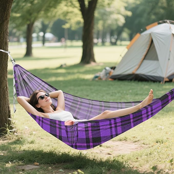Vintage Buffalo Plaid Checked Purple 330lb Capacity Hammocks with Hanging Rope Fabric Hammock for Indoor Outdoor Patio Base para hamaca
