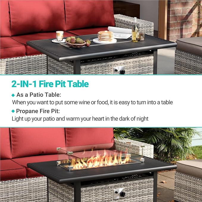 12-Piece Outdoor Patio Furniture Set with Rocking Swivel Chair, PE Wicker Rattan Sectional Sofa 55,000 BTU Fire Pit Table Patio Conversation Set with Ottomans and Chunky Arms, Red