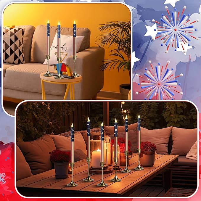 Honoson 6 Pcs USA Patriotic Flameless Taper Candles 250th Anniversary 10.6 Inch Memorial Day Red White and Blue Candles Battery Operated LED Candlesticks for 4th of July Table Home Party Decoration