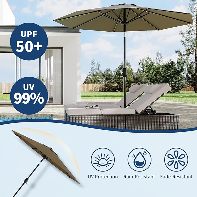10Ft Patio Umbrella - 8 Sturdy Ribs Outdoor Table Umbrella with Crank Lift & Push Button Tilt - Market Umbrella for Pool, Deck, Yard, Garden - Turquoise
