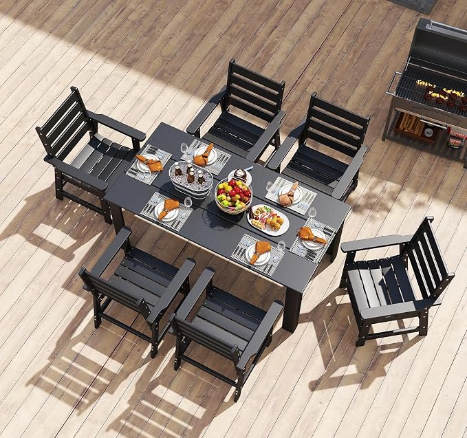 BRIOPAWS Outdoor Dining Table | HDPE | 67” Patio Rectangle Tables | All Weather | Umbrella Hole | Patio Furniture Set for 4-6 Person | Black