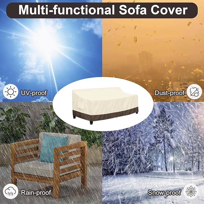 PureFit Outdoor Couch Cover Waterproof Patio Sofa Furniture Covers, 3-Seater Outdoor Cover with Air Vent and Handles, 85W x 35D x 35H Inches, Beige/Brown