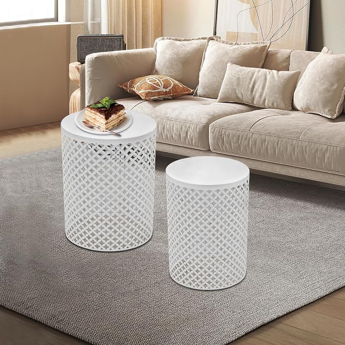 Metal Frame Accent Table,Cylindrical Outdoor Side Table,Decorative Garden Stool,Set of 2 Nesting Side Table,Modern Decorative Garden Stool for Patio Balconies Cafes Parks (2, White)