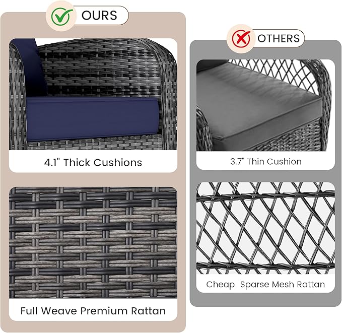 Kromax Outdoor Patio Furniture Set, All-Weather Wicker Swivel Glider Chairs Set of 2 with Coffee Table Table & Thick Machine Washable Cushions for Backyard, Garden, Porch, Grey/Blue