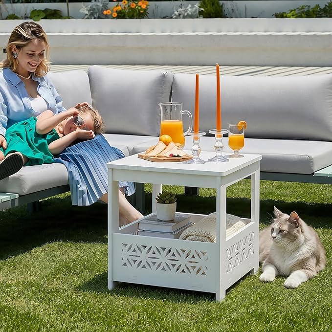 VINGLI Outdoor Side Table with Storage, 15.6" Square Resin Patio End Table, Weatherproof Rustproof Balcony Backyard Poolside Small Table (White)