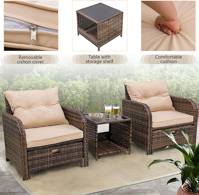 5 Pieces Outdoor Patio Chairs with Ottomans, PE Wicker Rattan Outdoor Furniture w/Footstool Sets, Front Porch Furniture Set, Wicker Patio Conversation Sets for Garden Lawn Balcony(Beige)