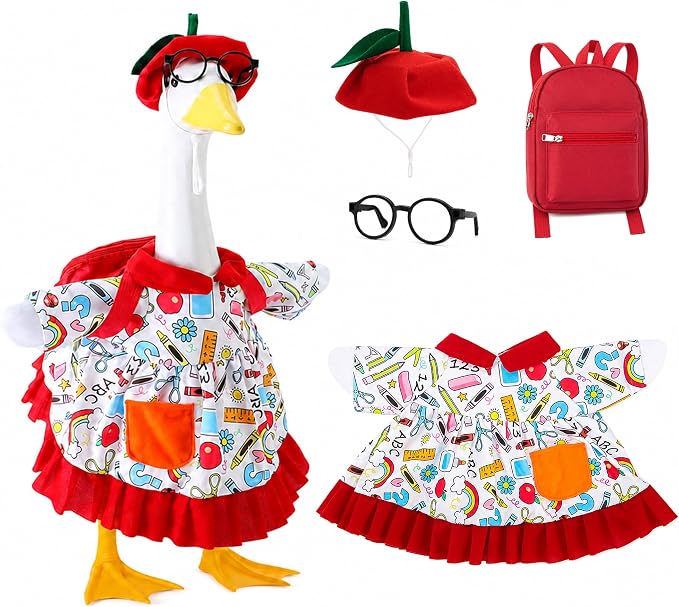4 Pcs Back to School Porch Goose Outfits, Classroom Student Goose Clothes Set Includes Hat Skirt Backpack and Glasses, Funny School Goose Costume for 23"H Statue Outdoor Garden Yard Patio Lawn Decor
