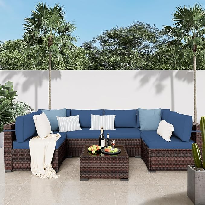 Amopatio Patio Furniture Set with Waterproof Cover, Modular Outdoor Sectional 7 Piece Wicker Patio Set, Multiple Combinations Outdoor Sofa w/Coffee Table, Navy Blue