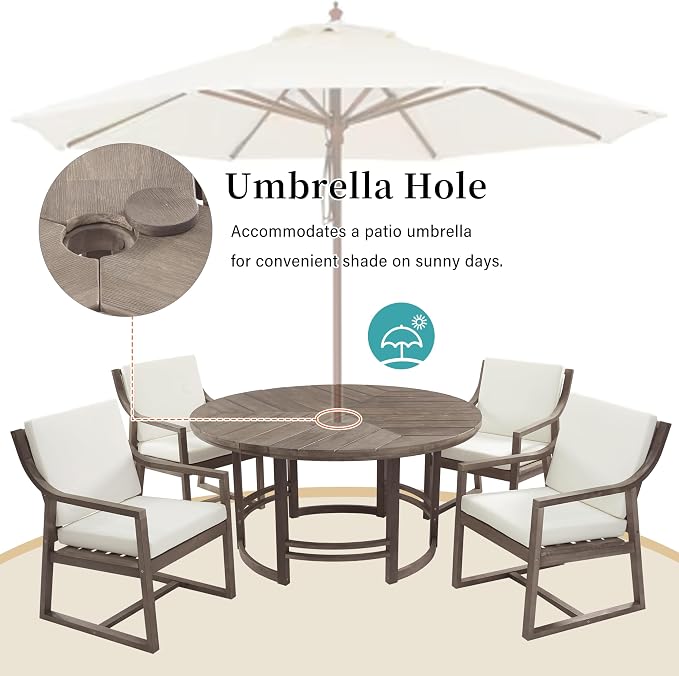 WILLIAMSPACE 59.1" Round Acacia Wood Outdoor Patio Table with Umbrella Hole, Brown