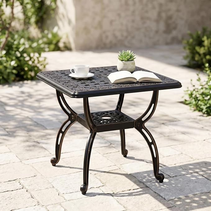 Square Outdoor Coffee Table Set of 2, Cast Aluminum Side Table with Storage,Indoor End Table, All-Weather Bistro Table for Patio Garden Lawn, Bronze