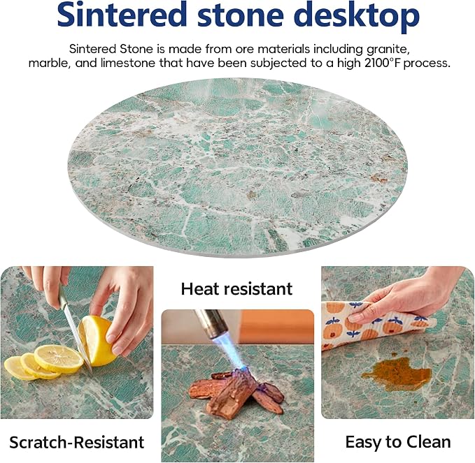 ZL ZELing Round Sintered Stone Table Top 23.6",Replacement Table Top for Indoor & Outdoor - Heat/Scratch Resistant Waterproof Ceramic DIY Desktop, Patio/Balcony/Bistro/Café & Dining Room (Green)