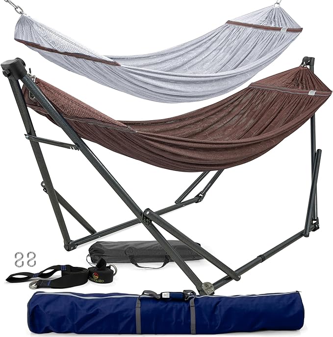 Tranquillo Combo x2 Hammocks with Stand for Outside & Tree Straps, Heavy Duty Hammock with Stand 600lbs for Indoor Outdoor Patio Backyard, x2 Hammocks for 2 Person (Combo - Brown, Medium)
