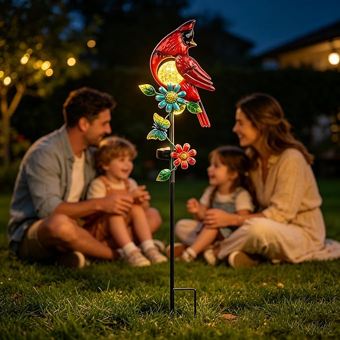 Caridnal Decor Solar Garden Stakes Outdoor Decorative Waterproof 2 Pack Metal Garden Sculpture Cardinal Solar Lights for Outside Lawn Yard Patio Cemetery Red Bird Gardening Gifts for Women