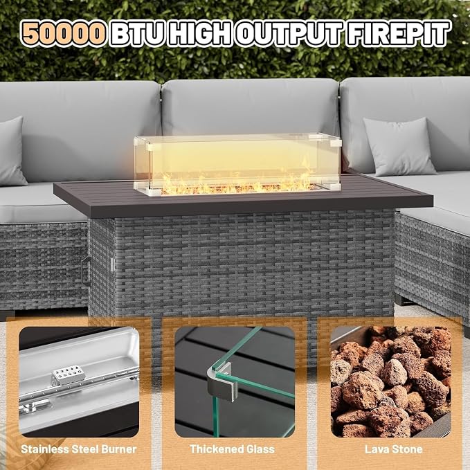 8-Piece Outdoor Patio Rattan Furniture Set, Grey Wicker Sectional Conversation Set with 50,000 BTU Propane Fire Pit Table for Garden and Patio