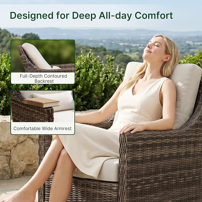 Outdoor Swivel Rocker Patio Chair with Premium Cushion, High Back Wicker Patio Swing Glider for Deck, Porch, Patio and Poolside (Beige, 3 Pcs - Swivel Glider & Side Table)