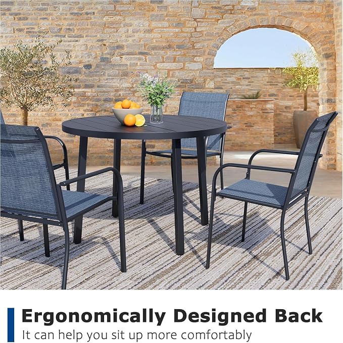 9 Pieces Patio Dining Set for 8, Blue Patio Stackable Chairs and Black Round Table Set of 8, Outdoor Furniture Set with Sling Support for Outside, Garden