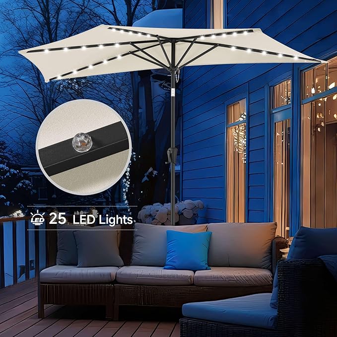 9FT Solar Half Umbrellas Outdoor - LED Half Patio Umbrella with 25 Lights, UV Protection Waterproof, Half Round Umbrella for Wall Balcony, Pool, Porch, Garden, Deck, Backyard, Ivory