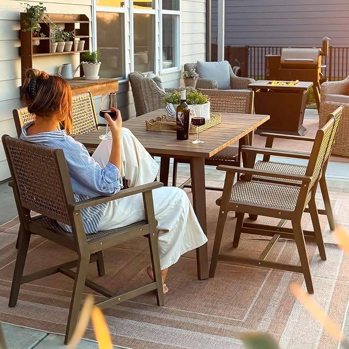 PHI VILLA Patio Dining Chairs, Set of 2, Acacia Wood & Wicker, Brown | All-Weather, Wide Seat, For Deck, Porch, Garden