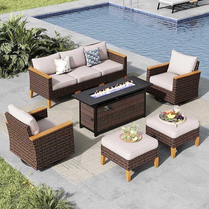 MFSTUDIO 8 Piece Wicker Patio Furniture Set with 56" Fire Pit Table, 2 x Swivel Chair, 2 x Ottoman, 3-Seat Sofa, All-Weather PE Rattan Patio Conversation Set Outdoor Sectional Sofas(Beige Cushions)