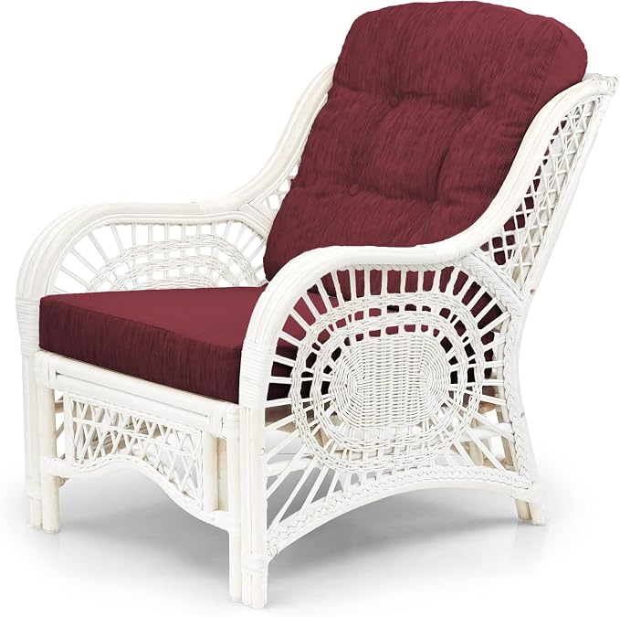 Malibu Lounge Set of 4: 2 Natural Rattan Wicker Chairs, Three-Seater Sofa with Dark Brown Cushions and Coffee Table with Glass Handmade, White Color