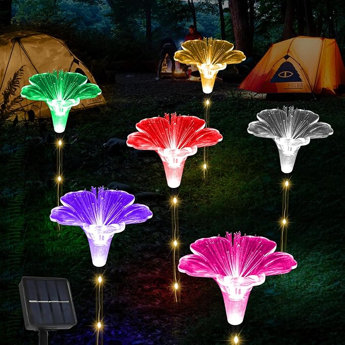 BeHiller Upgraded Solar Garden Light Outside Decorations,Set of 6PCS Multicolor Optical Fiber Bigger Lily Flowers Light Outdoor Waterproof Solar Flowers Lights for Xmas Housewarming Gifts Decor