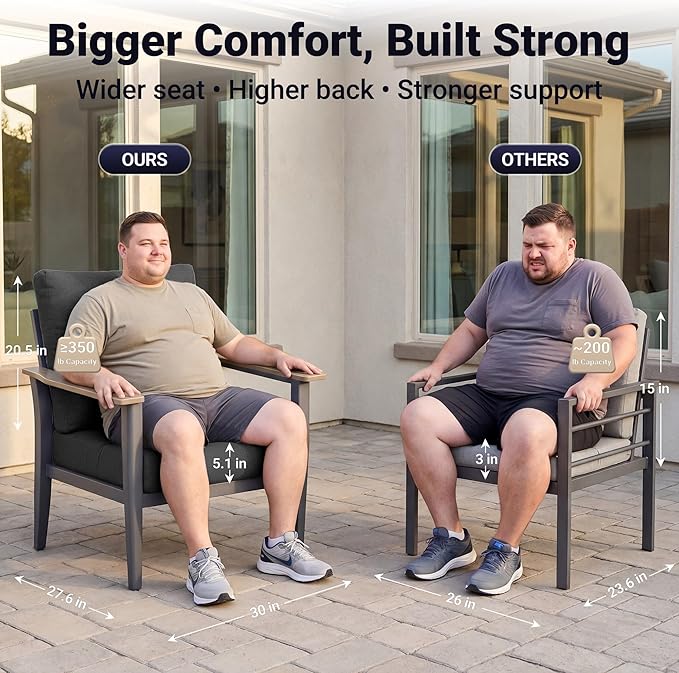 Aluminum Patio Chairs Set of 2, Modern Outdoor Armchairs with Wood-Like Armrests & 5.1" Thick Cushions, Wide Seat Balcony Furniture for Porch, Deck, Black