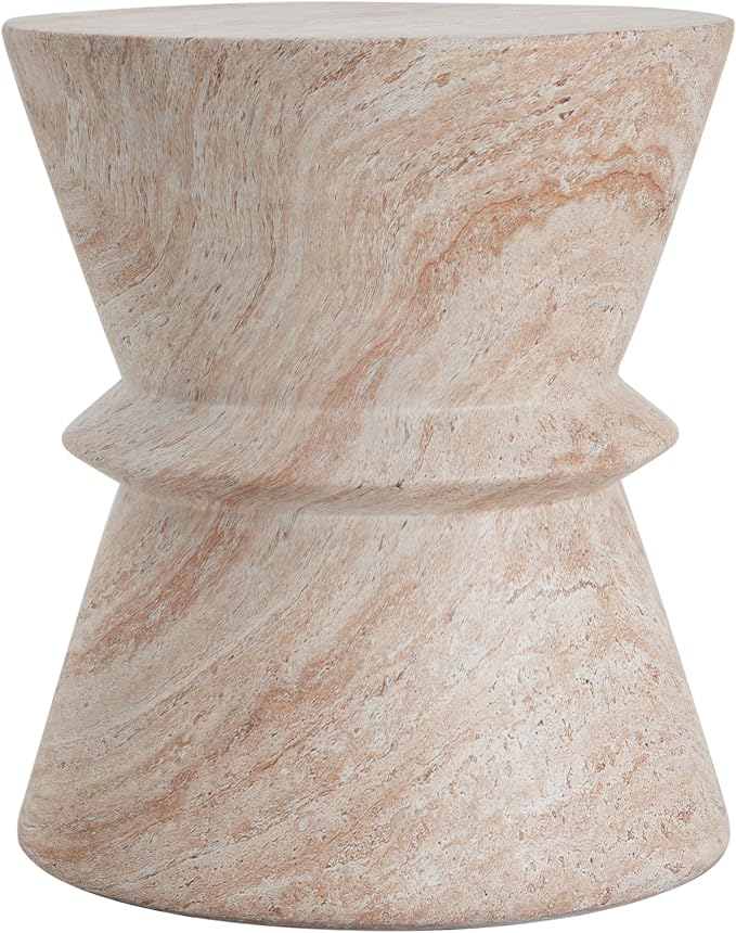 Outdoor Side Table 15.5" Hourglass Shape Concrete Side Table, Patio Tables for Outside Decorative Garden Stools, No Assembly Accent Table for Patio Porch Living Room, Beige