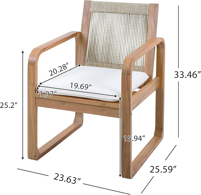 Christopher Knight Home Trazy Acacia Wood Outdoor Dining Set for 6, Patio Dining Table Set for 6, Outdoor Dining Table and Sled Base, Dining Chairs with Cushion + Rope Backrest, Teak + Brown + Beige