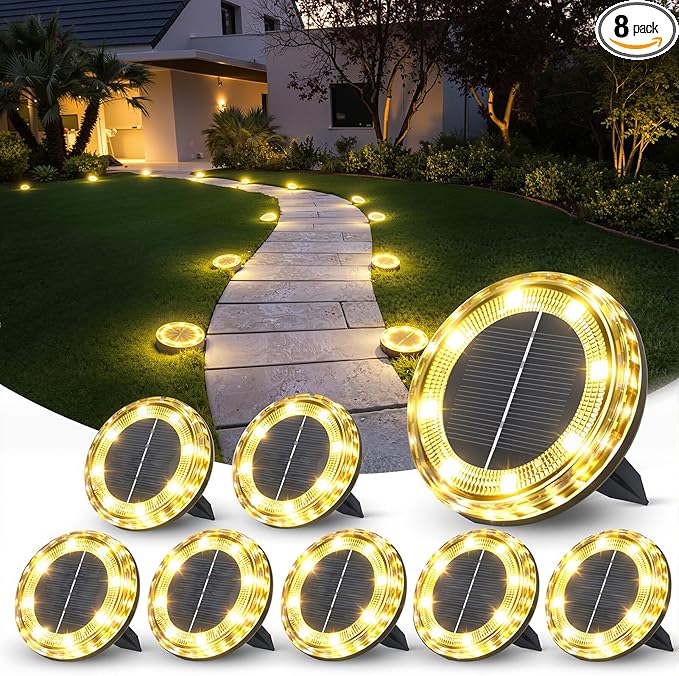 8 Pack Solar Ground Lights Outdoor, 8 LED Solar Disk Lights, IP65 Waterproof Long Lasting Flat Light for Garden Pathway Walkway Yard (Warm White)