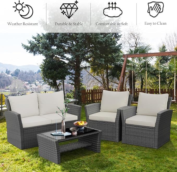 RELAX4LIFE 4 PCS Wicker Patio Furniture Set with Soft Cushions & Tempered Glass Table Outdoor Rattan Sofa Set for Backyard Garden Balcony Poolside Sectional Conversation Couch Set (Beige)