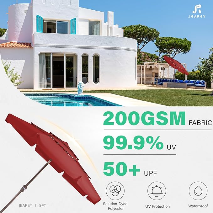 JEAREY 3 Tiers 9 FT Patio Umbrellas Outdoor Table Umbrella with Push Button Market Umbrella 8 Sturdy Ribs UV Protection Waterproof for Garden,Red