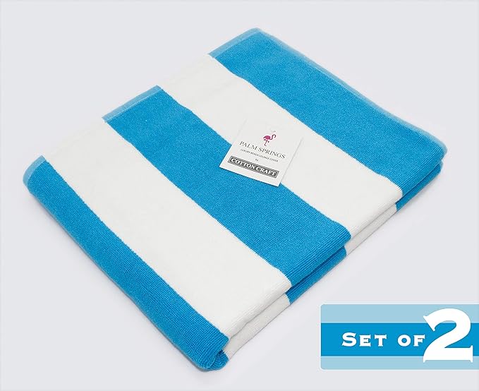COTTON CRAFT Pool Lounge Chair Cover - 2 Pack - Chaise Beach Picnic Spa Towel - Cabana Stripe - Soft Premium Ringspun Terry Cotton - Oversized - 32 inch Wide x 82 inch Long with 7 inch Pocket – Aqua