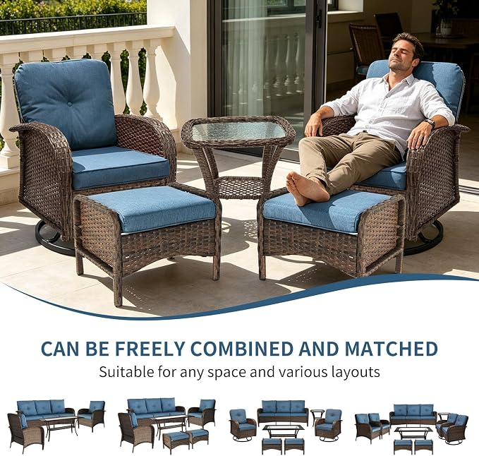 Outdoor Swivel Rocker Patio Chairs (Brown Wicker/Blue Cushion, 5PC/Swivel & Side Table & Ottomans)