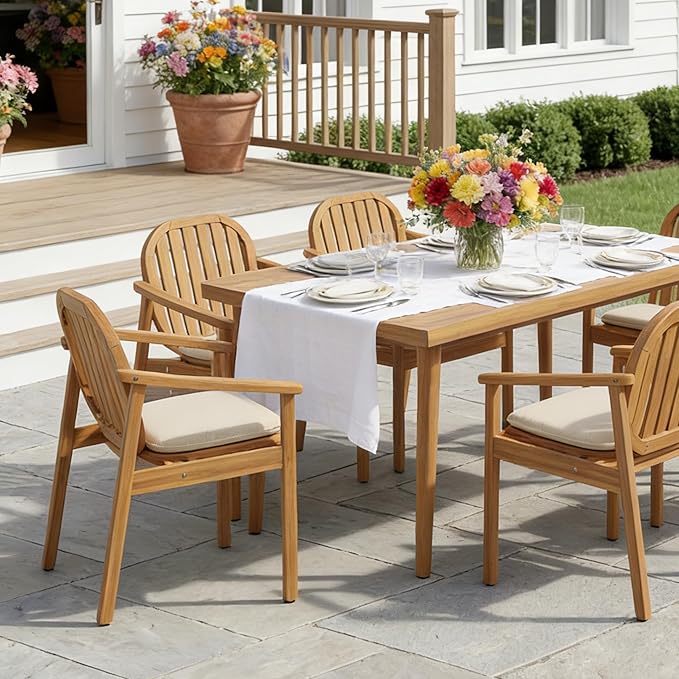 Merax Patio Dining Chairs Set of 2, Acacia Wood Rustic Outdoor Dining Chairs with Upholstered Cushion & Backrest, Outside Armrest Patio Chair for Garden Balcony Backyard, Teak Finish
