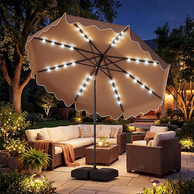 Tangkula 10 FT Solar Patio Umbrella with Base Included, 2-Tiers Outdoor Scalloped Table Umbrella with 32 LED Lights, 2 Sandbags, Tilt Adjustment, Crank, 8 Ribs for Market Backyard Pool Deck Beach Lawn (Coffee, 10 FT)