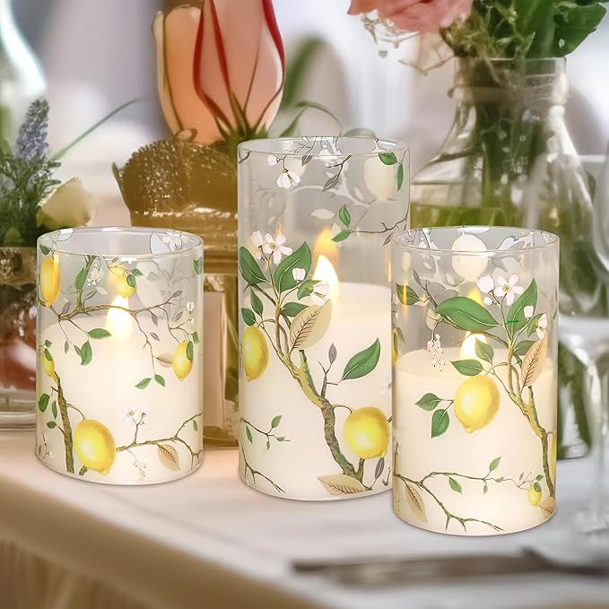 Silverstro Flameless LED Candles with Remote Lemon Decal Glass Flickering Battery Operated Candles for Home Room Party Wedding Holiday Christmas Valentine's Day Decor - Set of 3
