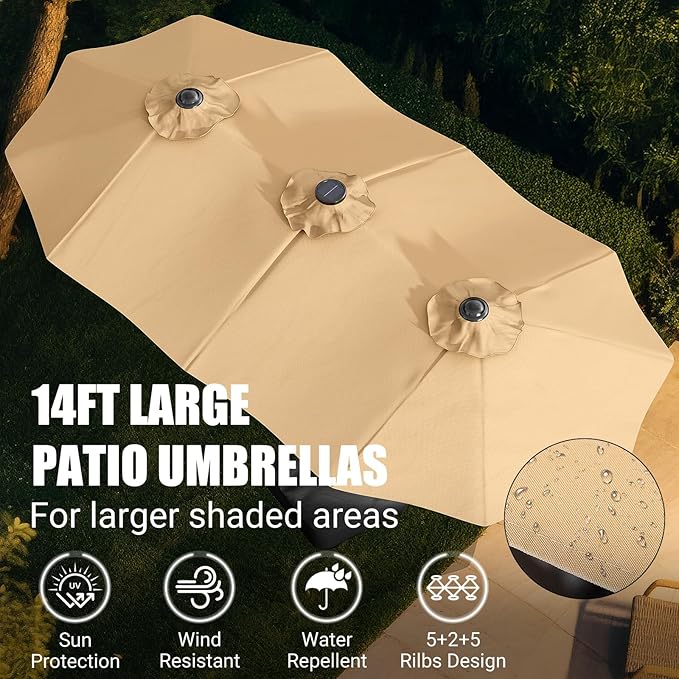 LEVELEVE 15FT Double-Sided Patio Umbrella with Base Included, Large Outdoor Rectangular Market Umbrella for Backyard, Poolside, Lawn & Garden, Khaki