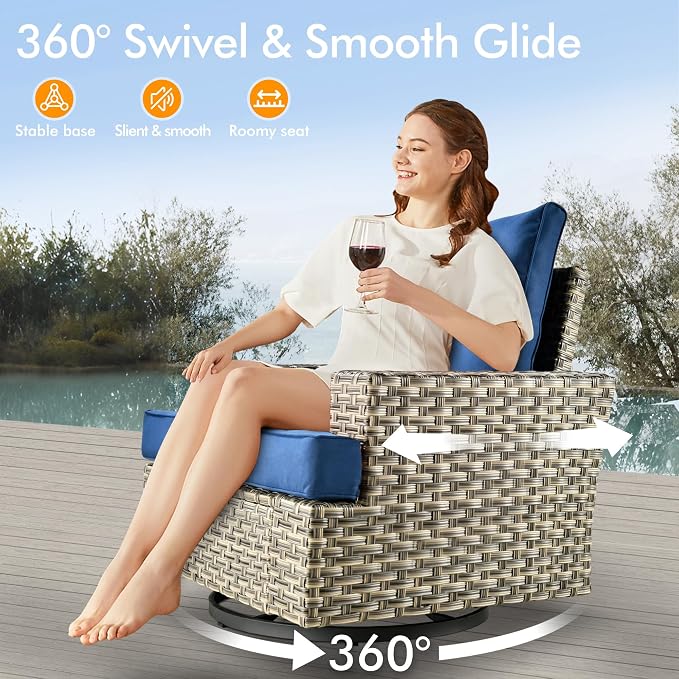9 Pcs Outdoor Sectional Patio Furniture Set with Swivel Rocking Chairs - All Weather Wicker Modular Outside Sectional Couch,Patio Seating Outdoor Conversation Set for Deck Yard Garden,Navy Blue