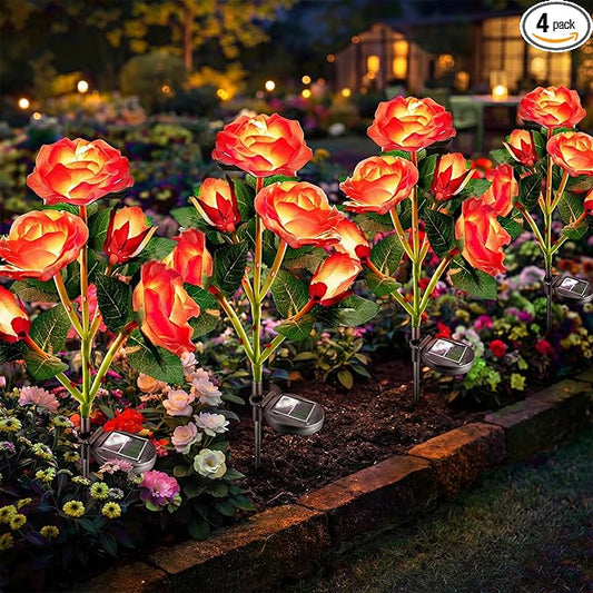 Anordsem Solar Garden Lights Outdoor: 20 Waterproof Fabric Roses 4 Pack - Red LED Flower Decorations for Yard Patio Path Cemetery Grave - Birthday Gifts for Women Mom Wife
