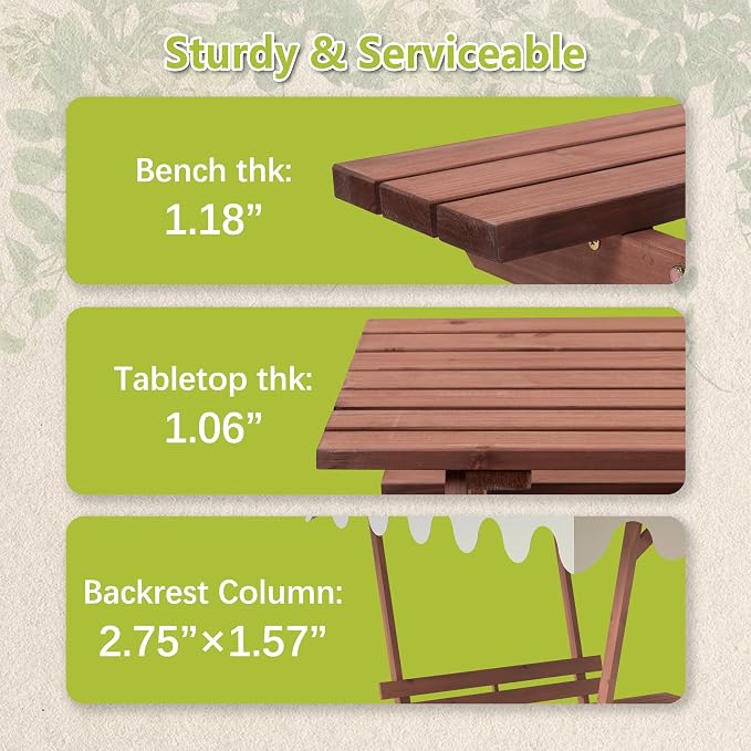 Wood Outdoor Picnic Table Bench Set, Wooden Dining Table Set with 2 Built-in Benches for 4-6 Adults, All-Weather Patio Table and Bench Set with Detachable Sunshade Canopy for Front Porch Lawn Garden