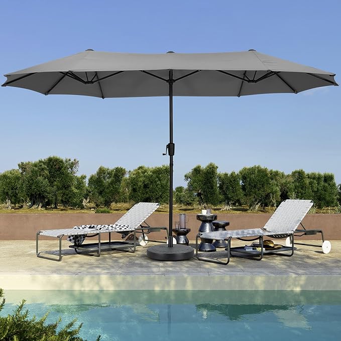 13 ft Patio Umbrella with Base, Large Rectangle Outdoor Umbrella with Matching Stand, Strap, Crank, Grey