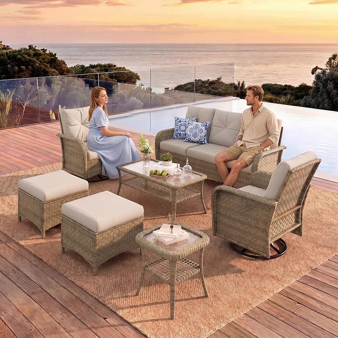 LazySunsets 9-Piece Outdoor Patio Furniture Set with Coffee Table, Wicker Rattan Outdoor Furniture with High Back Swivel Rocker Chairs, Outdoor Conversation Sets with Thick Cushions & Ottoman, Grey