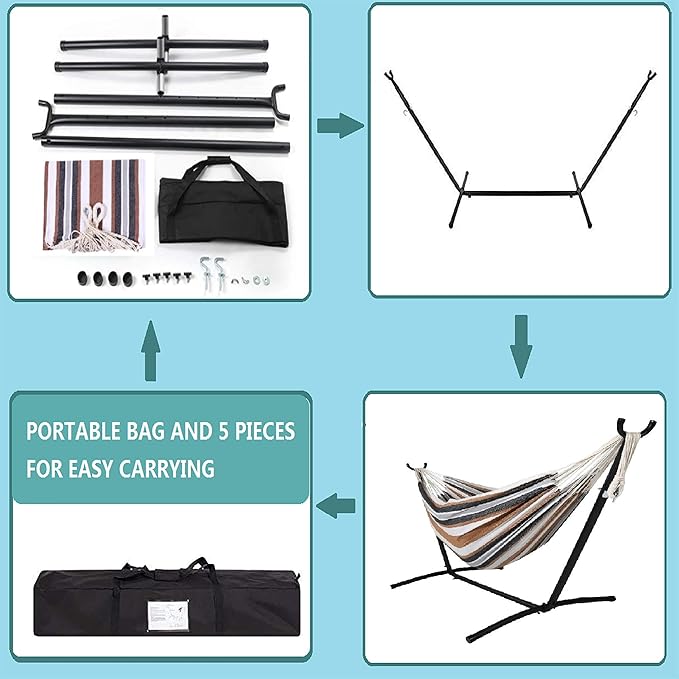 Double Classic Hammock with Stand for 2 Person- Indoor or Outdoor Use-with Carrying Pouch-Powder-Coated Steel Frame - Durable 450 Pound Capacity,Brown/Gray Striped