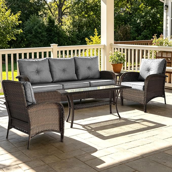 Outdoor Swivel Rocker Patio Chairs (Brown Wicker/Grey Cushion, 4PC/Sofa & Chair &Coffee Table)