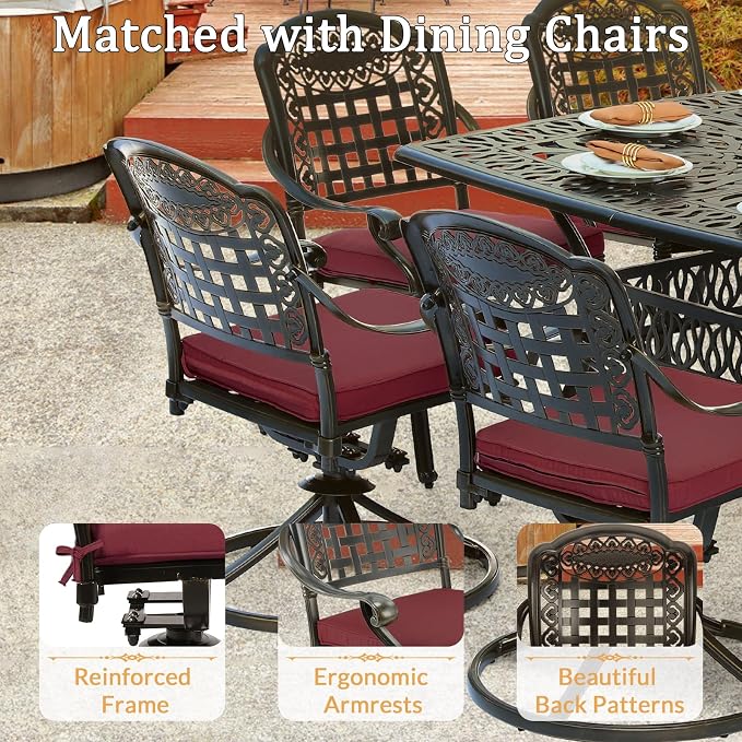 9 Piece Outdoor Patio Dining Set for 8, Cast Aluminium Large Square Dining Table & 4 Swivel Rocker Chairs, 4 Stationary, 8 Cushions, Umbrella Hole, Patio Furniture Set for Garden, Chili Red