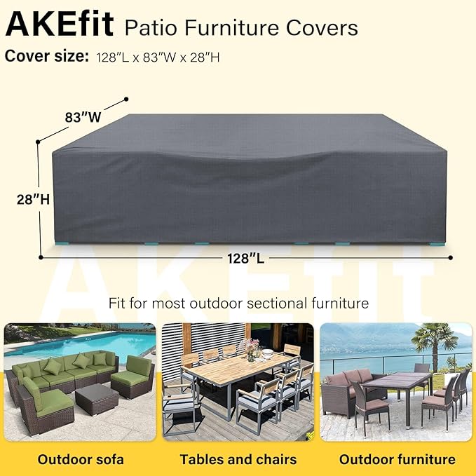 AKEfit Patio Furniture Covers,500D Heavy Duty Waterproof for Outdoor Square and Retangle Patio Table and Chair Covers,Grey-110"L x 84"W x 28"H