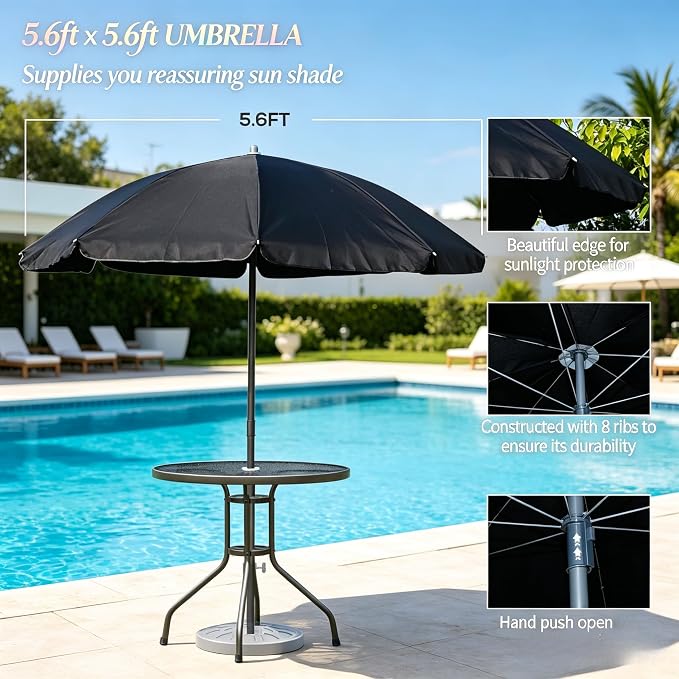 6-Piece Outdoor Dining Set with Umbrella, 4-Person Patio Furniture Set, Folding Chairs & Tempered Glass Table, 31.5" Dia. Table